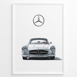 Ladda upp bild till gallerivisning, Framed minimalist poster of a silver Mercedes-Benz 300SL classic sports car front view with large Mercedes logo above on white background.
