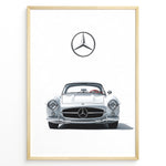 Ladda upp bild till gallerivisning, Framed minimalist poster of a silver Mercedes-Benz 300SL classic sports car front view with large Mercedes logo above on white background.
