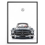 Ladda upp bild till gallerivisning, Framed minimalist poster of a black Mercedes-Benz 300SL classic convertible car front view with Mercedes logo above on a white background.

