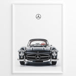 Ladda upp bild till gallerivisning, Framed minimalist poster of a black Mercedes-Benz 300SL classic convertible car front view with Mercedes logo above on a white background.
