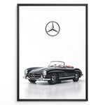 Ladda upp bild till gallerivisning, Framed minimalist poster featuring a black Mercedes-Benz 300SL Roadster convertible with red seats and Mercedes logo above on white background.
