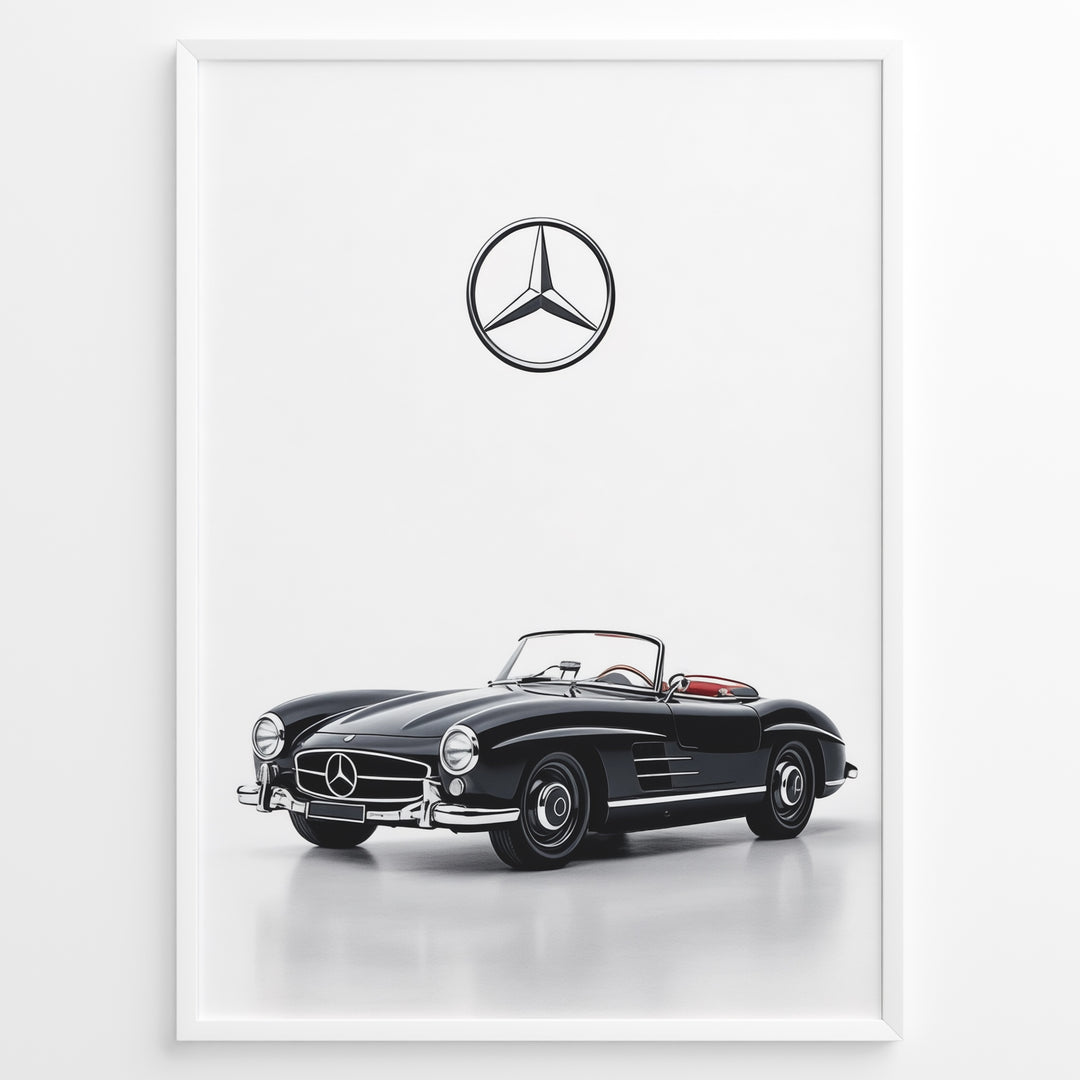 Framed minimalist poster featuring a black Mercedes-Benz 300SL Roadster convertible with red seats and Mercedes logo above on white background.