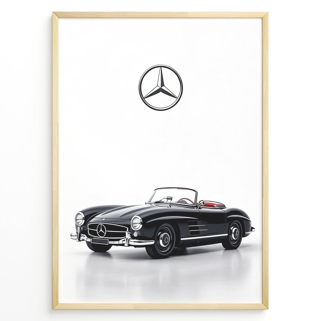 Framed minimalist poster featuring a black Mercedes-Benz 300SL Roadster convertible with red seats and Mercedes logo above on white background.