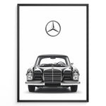 Ladda upp bild till gallerivisning, Framed minimalist poster of a black Mercedes-Benz classic coupe front view with large Mercedes logo above on a clean white background.
