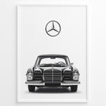 Ladda upp bild till gallerivisning, Framed minimalist poster of a black Mercedes-Benz classic coupe front view with large Mercedes logo above on a clean white background.
