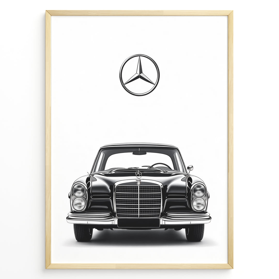 Framed minimalist poster of a black Mercedes-Benz classic coupe front view with large Mercedes logo above on a clean white background.