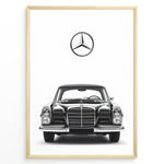 Ladda upp bild till gallerivisning, Framed minimalist poster of a black Mercedes-Benz classic coupe front view with large Mercedes logo above on a clean white background.
