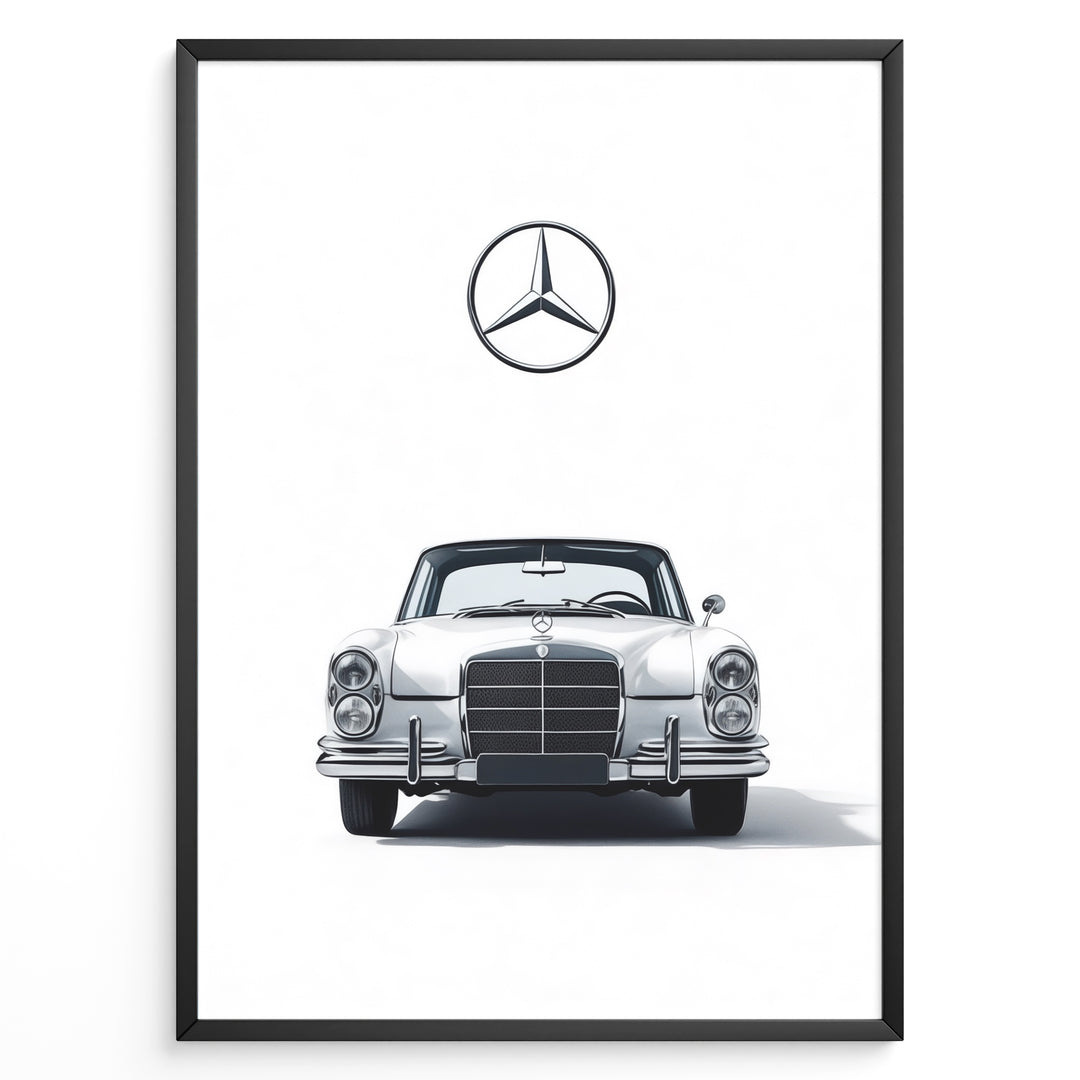 Framed minimalist poster of a silver Mercedes-Benz vintage coupe front view with the Mercedes logo above on a clean white background.