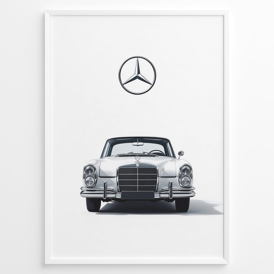 Framed minimalist poster of a silver Mercedes-Benz vintage coupe front view with the Mercedes logo above on a clean white background.