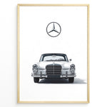 Ladda upp bild till gallerivisning, Framed minimalist poster of a silver Mercedes-Benz vintage coupe front view with the Mercedes logo above on a clean white background.
