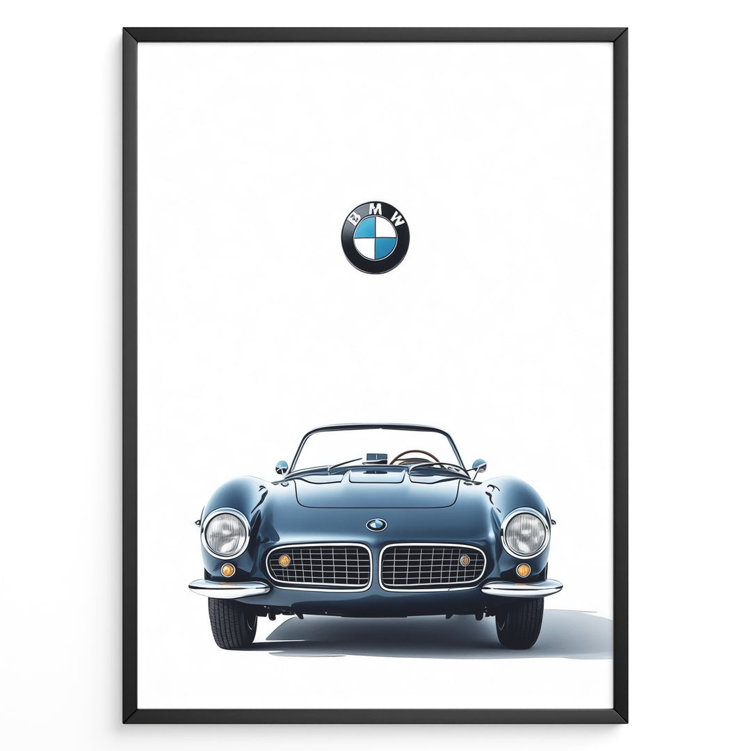 Framed minimalist poster of a blue BMW 507 roadster front view with BMW logo above on a white background.
