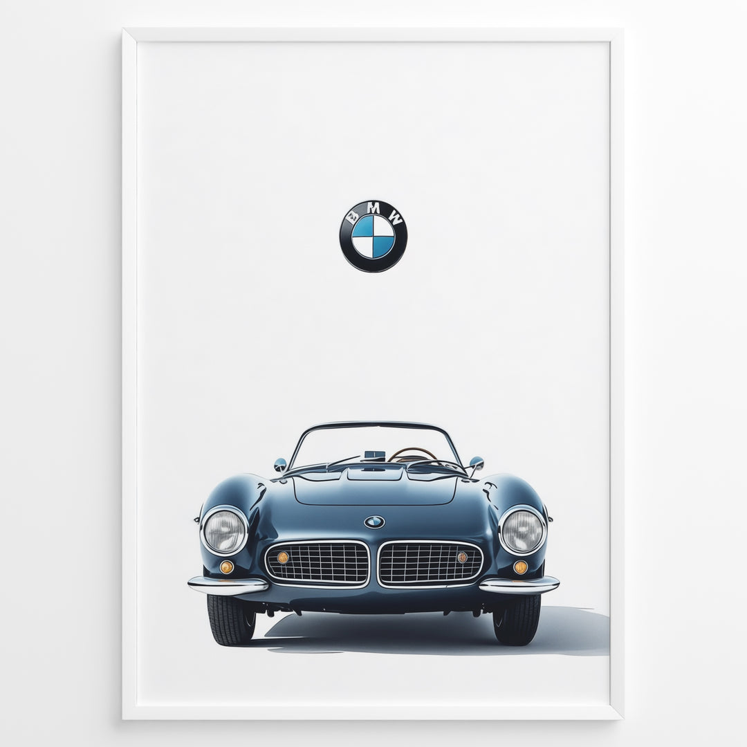Framed minimalist poster of a blue BMW 507 roadster front view with BMW logo above on a white background.