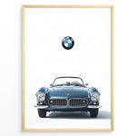 Ladda upp bild till gallerivisning, Framed minimalist poster of a blue BMW 507 roadster front view with BMW logo above on a white background.
