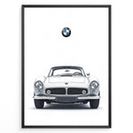 Ladda upp bild till gallerivisning, Framed minimalist poster of a white BMW 507 classic coupe front view with BMW logo above on a white background.
