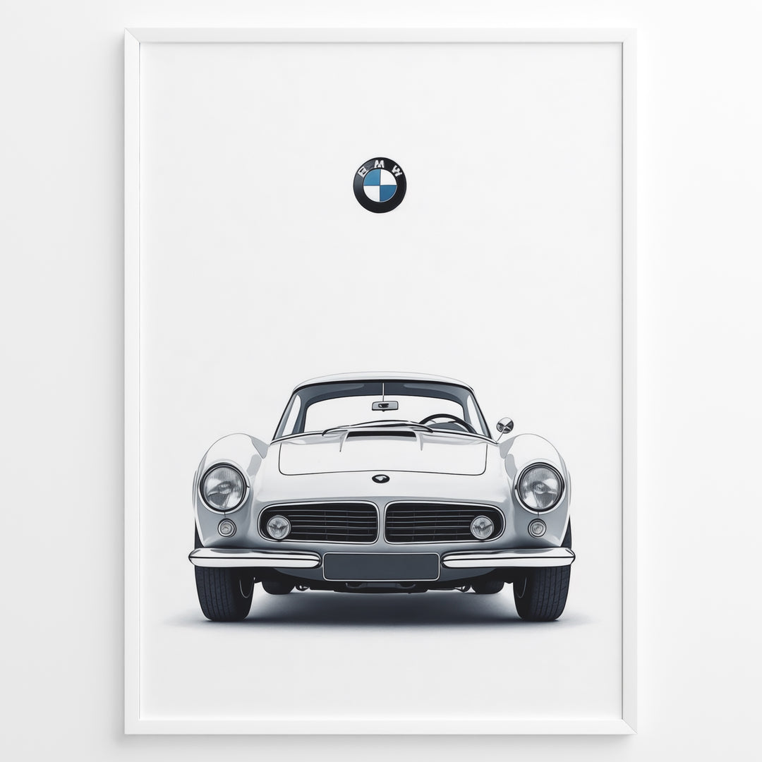 Framed minimalist poster of a white BMW 507 classic coupe front view with BMW logo above on a white background.