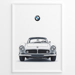 Ladda upp bild till gallerivisning, Framed minimalist poster of a white BMW 507 classic coupe front view with BMW logo above on a white background.
