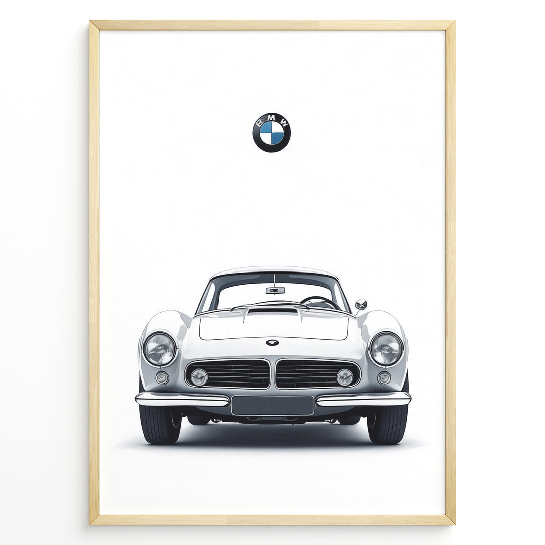 Framed minimalist poster of a white BMW 507 classic coupe front view with BMW logo above on a white background.