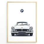 Ladda upp bild till gallerivisning, Framed minimalist poster of a white BMW 507 classic coupe front view with BMW logo above on a white background.
