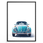 Ladda upp bild till gallerivisning, Framed minimalist poster of a blue Volkswagen Beetle front view on a white background.
