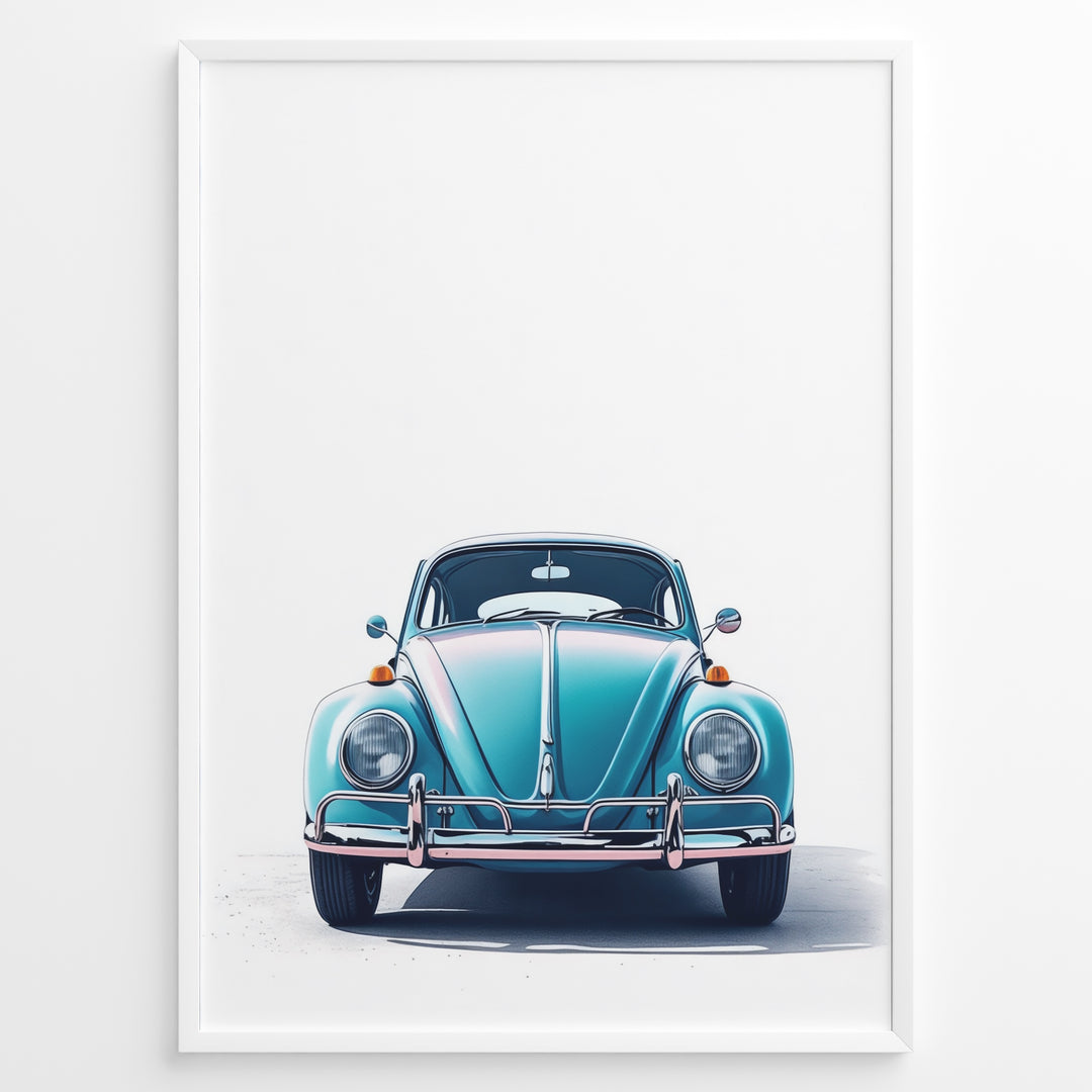 Framed minimalist poster of a blue Volkswagen Beetle front view on a white background.