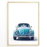Ladda upp bild till gallerivisning, Framed minimalist poster of a blue Volkswagen Beetle front view on a white background.
