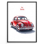 Ladda upp bild till gallerivisning, Framed minimalist poster of a red Volkswagen Beetle side-front view with “VW Beetle” text above on a white background.
