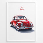 Ladda upp bild till gallerivisning, Framed minimalist poster of a red Volkswagen Beetle side-front view with “VW Beetle” text above on a white background.
