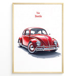 Ladda upp bild till gallerivisning, Framed minimalist poster of a red Volkswagen Beetle side-front view with “VW Beetle” text above on a white background.
