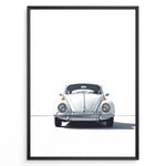 Ladda upp bild till gallerivisning, Minimalist framed poster of a white Volkswagen Beetle front view on a clean white background.
