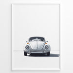 Ladda upp bild till gallerivisning, Minimalist framed poster of a white Volkswagen Beetle front view on a clean white background.

