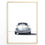 Ladda upp bild till gallerivisning, Minimalist framed poster of a white Volkswagen Beetle front view on a clean white background.
