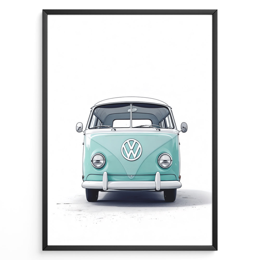 Front view illustration of a vintage aqua Volkswagen T1 Bus on a white background.