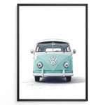Ladda upp bild till gallerivisning, Front view illustration of a vintage aqua Volkswagen T1 Bus on a white background.
