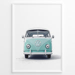 Ladda upp bild till gallerivisning, Front view illustration of a vintage aqua Volkswagen T1 Bus on a white background.
