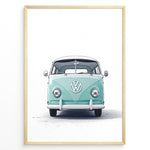 Ladda upp bild till gallerivisning, Front view illustration of a vintage aqua Volkswagen T1 Bus on a white background.
