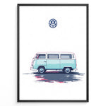 Ladda upp bild till gallerivisning, Illustration of a teal vintage Volkswagen camper van side view on a minimal white background.
