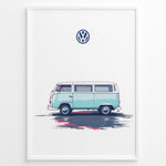 Ladda upp bild till gallerivisning, Illustration of a teal vintage Volkswagen camper van side view on a minimal white background.
