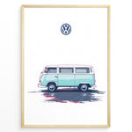 Ladda upp bild till gallerivisning, Illustration of a teal vintage Volkswagen camper van side view on a minimal white background.
