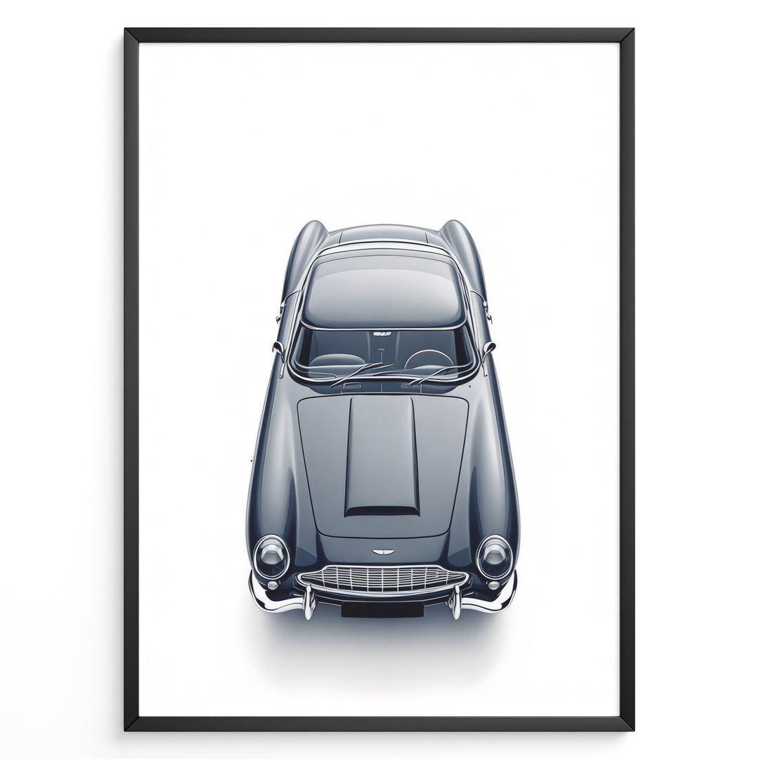 Top-view illustration of a classic Aston Martin DB5 in a minimalist poster design.