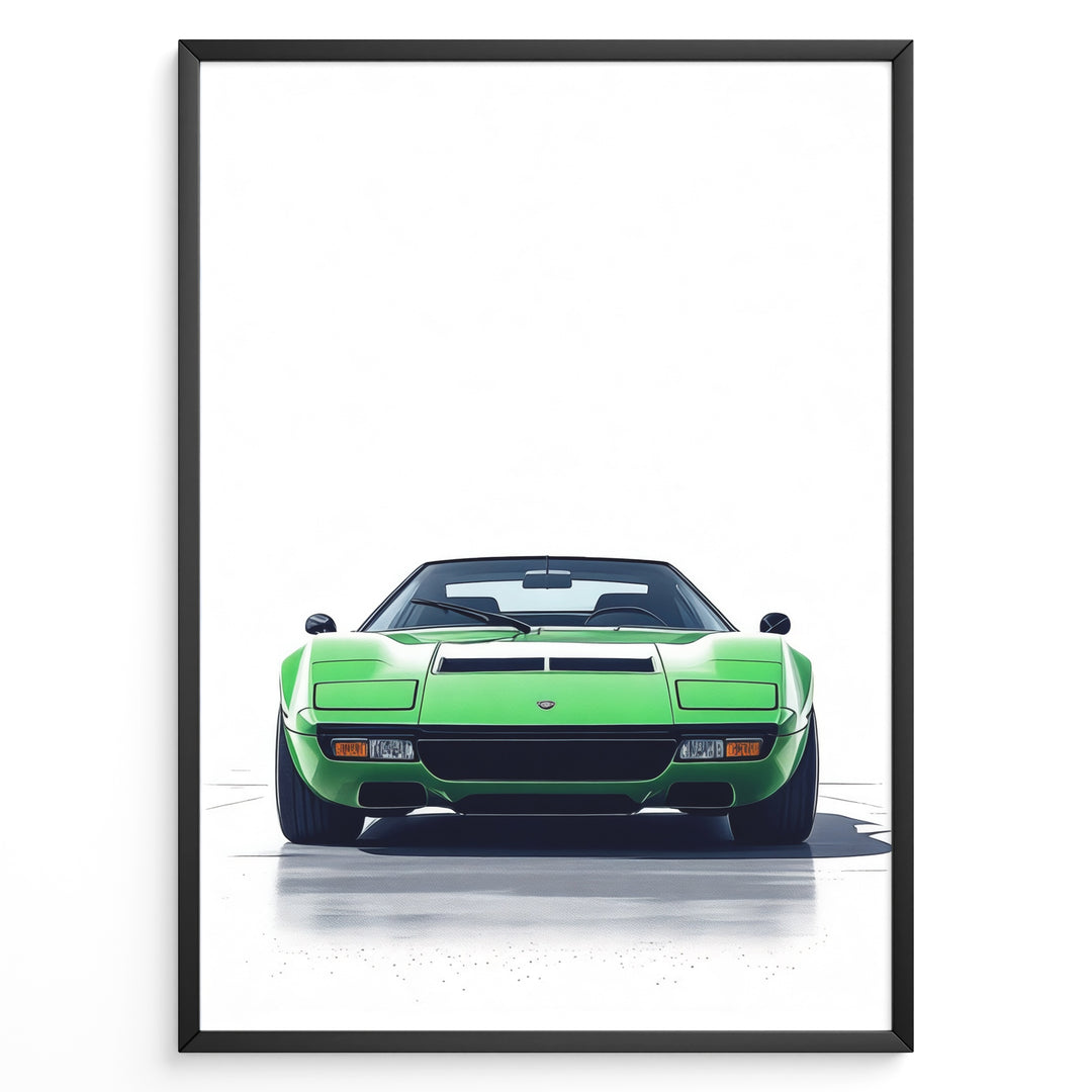Illustration of a green vintage sports car viewed from the front on a clean white background.