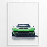 Ladda upp bild till gallerivisning, Illustration of a green vintage sports car viewed from the front on a clean white background.
