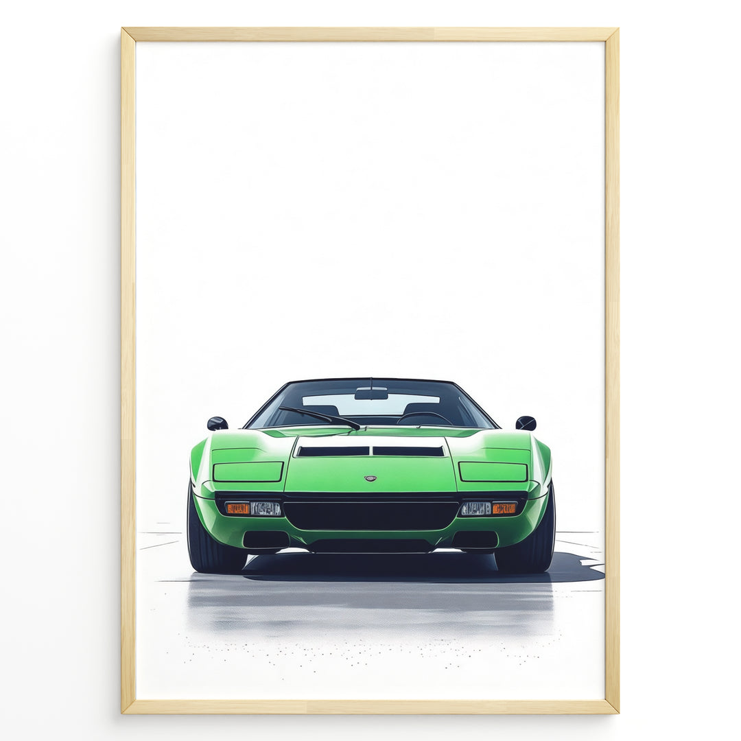 Illustration of a green vintage sports car viewed from the front on a clean white background.