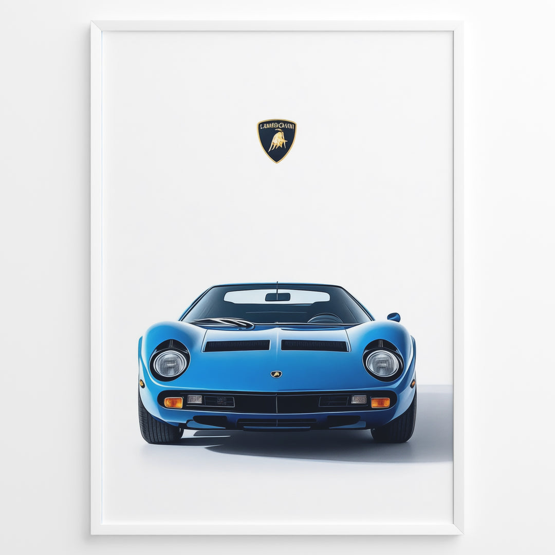 Blue Lamborghini Miura classic supercar front view poster illustration.
