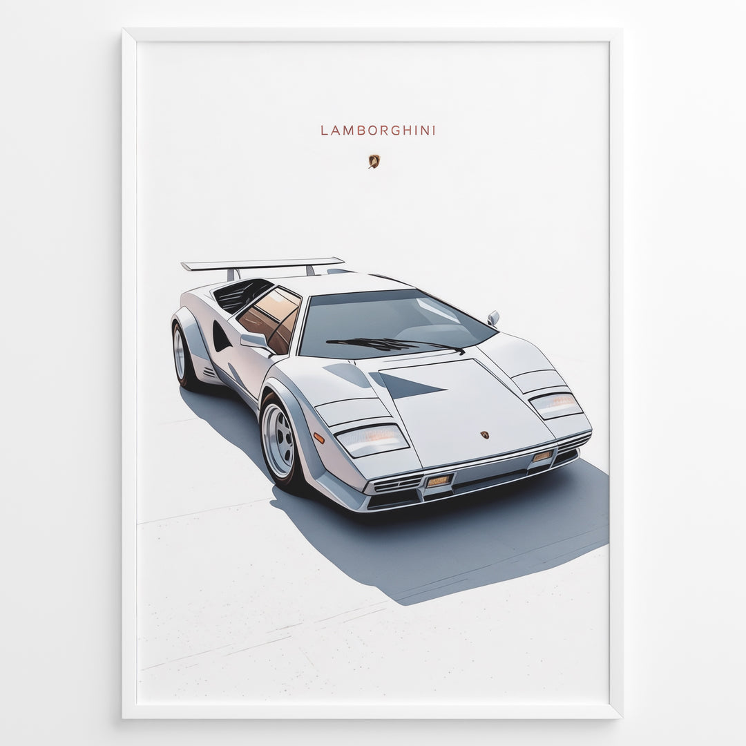 Illustration of a white Lamborghini Countach classic sports car on a minimal white background.