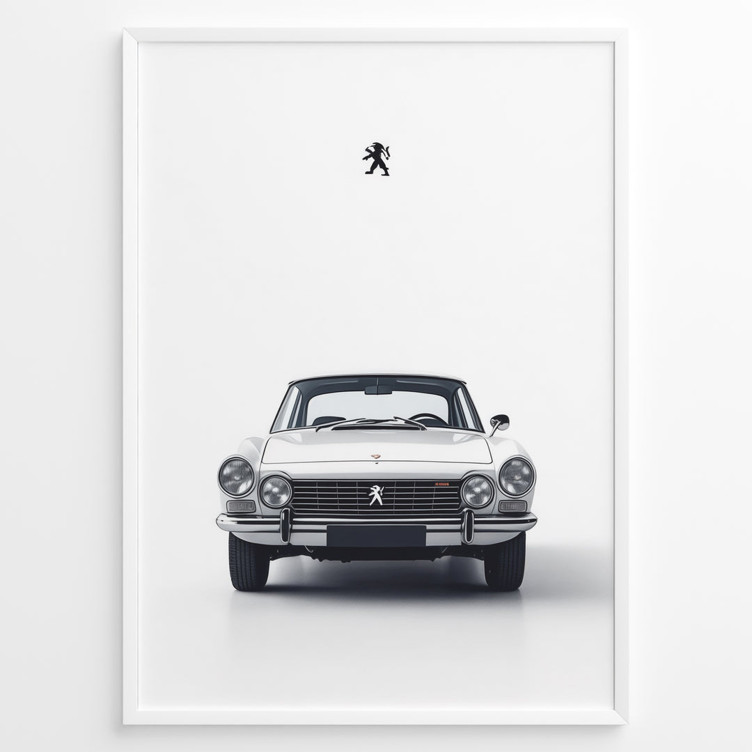 Classic white Peugeot car front view minimal poster design