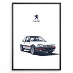 Ladda upp bild till gallerivisning, Illustration of a Peugeot 205 GTI classic white hatchback with Peugeot logo above.
