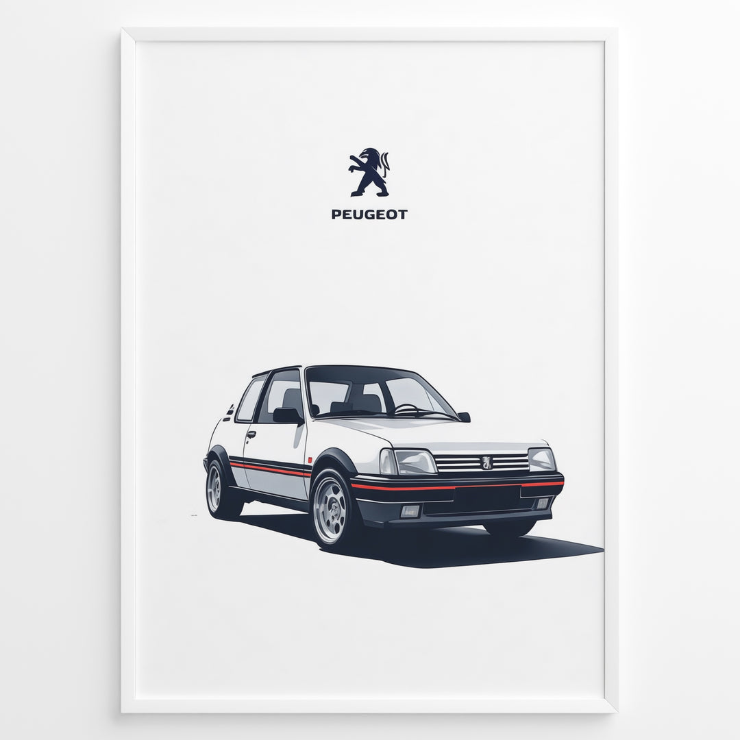 Illustration of a Peugeot 205 GTI classic white hatchback with Peugeot logo above.