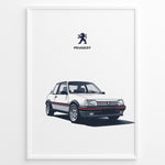 Ladda upp bild till gallerivisning, Illustration of a Peugeot 205 GTI classic white hatchback with Peugeot logo above.
