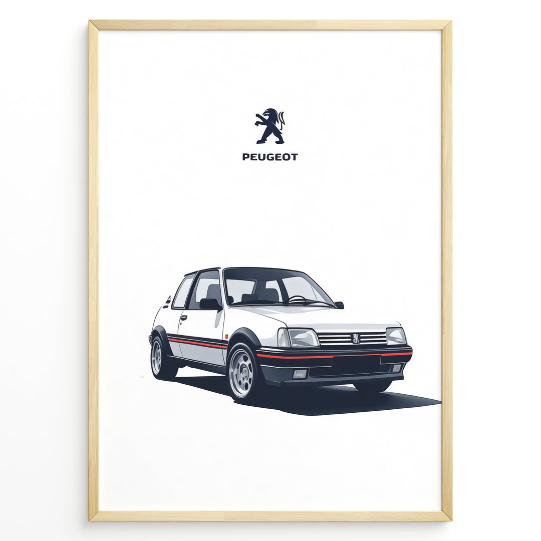 Illustration of a Peugeot 205 GTI classic white hatchback with Peugeot logo above.