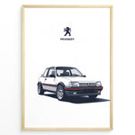 Ladda upp bild till gallerivisning, Illustration of a Peugeot 205 GTI classic white hatchback with Peugeot logo above.
